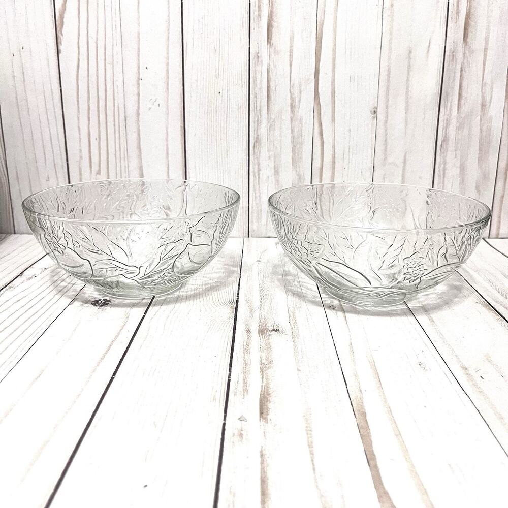Vintage KIG Indonesia Clear Floral Glass Round Serving Bowl Set of 2 NEW!!!
